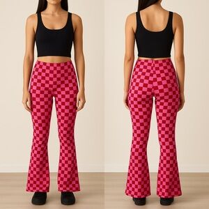 Pink & Red Checkerboard Flare Pants – Y2K Retro Stretch